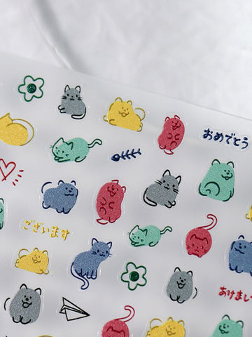 1pc Embossed And Transparent Nail Art Stickers With Adhesive Backing, Colorful Cat Design