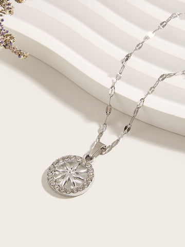 1pc Women's Stainless Steel Full Diamond Round Pendant Necklace