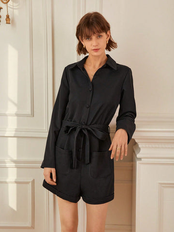 Button Front Belted Shirt Romper