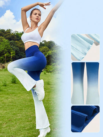 Wide Waistband Ribbed Ombre Flare Leg Sports Pants