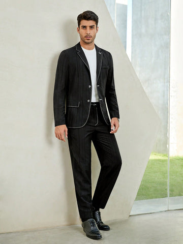 Men Contrast Piping Blazer & Pants Without Tee