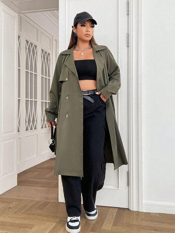 Plus Double Breasted Belted Trench Coat