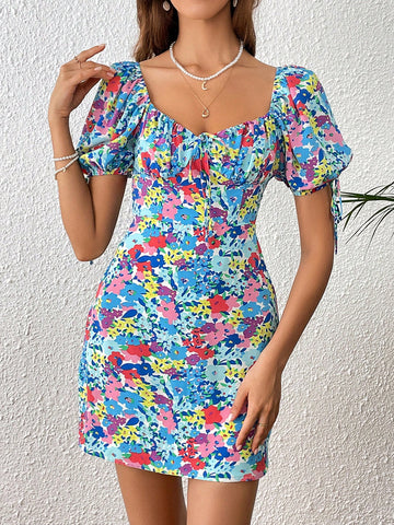 Allover Floral Print Knot Detail Puff Sleeve Dress