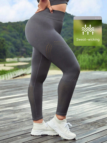 Plus Seamless High Stretch Hollow Out Wideband Waist Sports Leggings