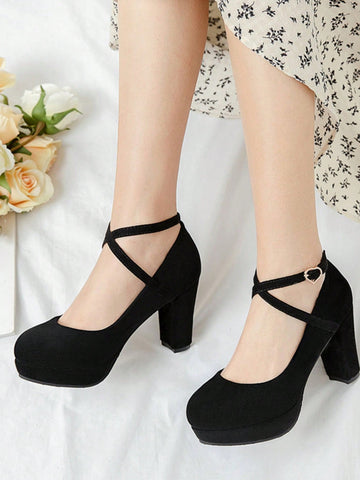 Women Criss Cross Chunky Heeled Ankle Strap Pumps Outdoor Faux Suede Pumps