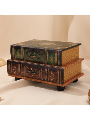 1pc Two Stack Book Shaped Pu Wood Jewelry Box With Drawers And Base Stand, Vintage Classic Book Style, American Style Decor For Home Office Storage Organizer