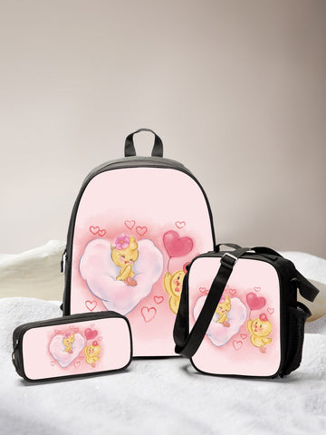 1set 3pcs Cartoon Printed Backpack, Polyester, With Back Support And Adjustable Shoulder Straps, Zipper Closure, Suitable For Four Seasons Traveling