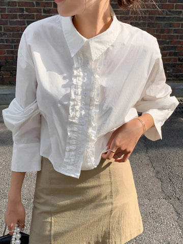 Solid Frill Trim Button Front Shirt