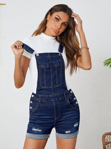 Roll Up Hem Ripped Denim Overalls Without Tee