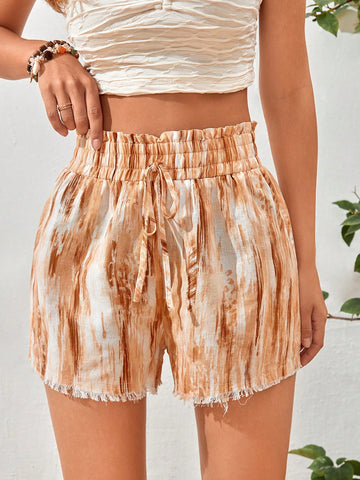 Tie Dye Knot Front Paperbag Waist Shorts