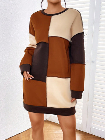 Colorblock Top-stitching Drop Shoulder Sweatshirt Dress