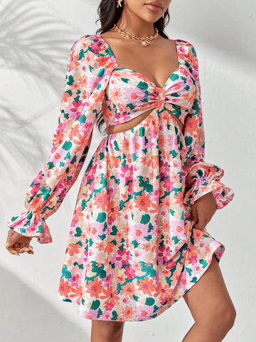 Allover Floral Print Cut Out Waist Flare Sleeve Dress
