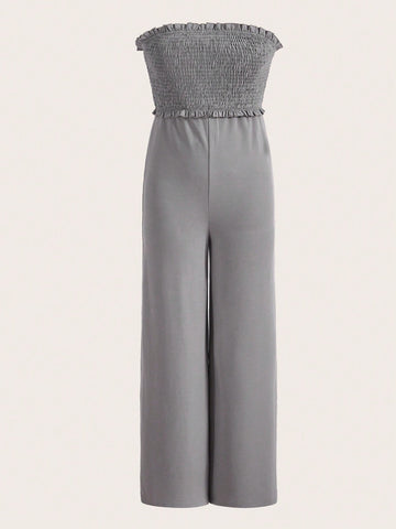 Solid Frill Trim Shirred Bodice Tube Jumpsuit