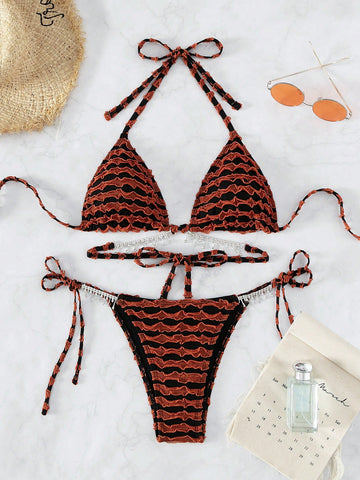 Rhinestone Detail Halter Triangle Bikini Swimsuit