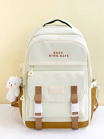 Letter Print Colorblock College Style Backpack With Release Buckle Decoration And Pendant