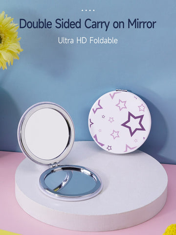 Foldable Pocket Makeup Mirror, 1pc stars Pattern circular Double-sided Compact Cosmetic Mirror, Desktop Mirror, Portable Travel Mirror For Women & Girl, Gift For Women Mom Wife Sister Teen Girl Friend
