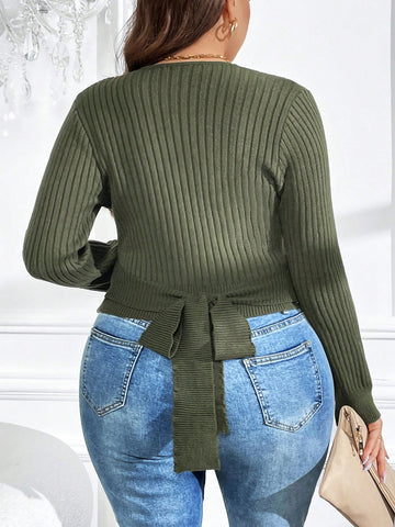Plus Tie Back Ribbed Knit Sweater