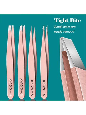 Pink 4PCS-Precision Stainless Steel Tweezers For Eyebrow Hair Facial Hair Removal, Splinter, Blackhead Slant Tip Angle Tip Pointed Tip