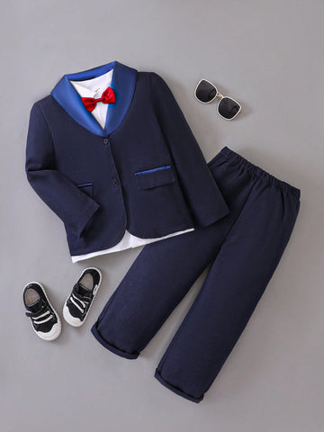 2pcs/set Tween Boy Gentleman Suit Set With Blue Jacket And Pants, Suitable For Parties, Performances, Birthdays, Weddings, Evening Parties, Autumn/winter