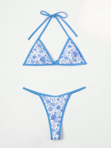 Floral Print Triangle Thong Bikini Swimsuit