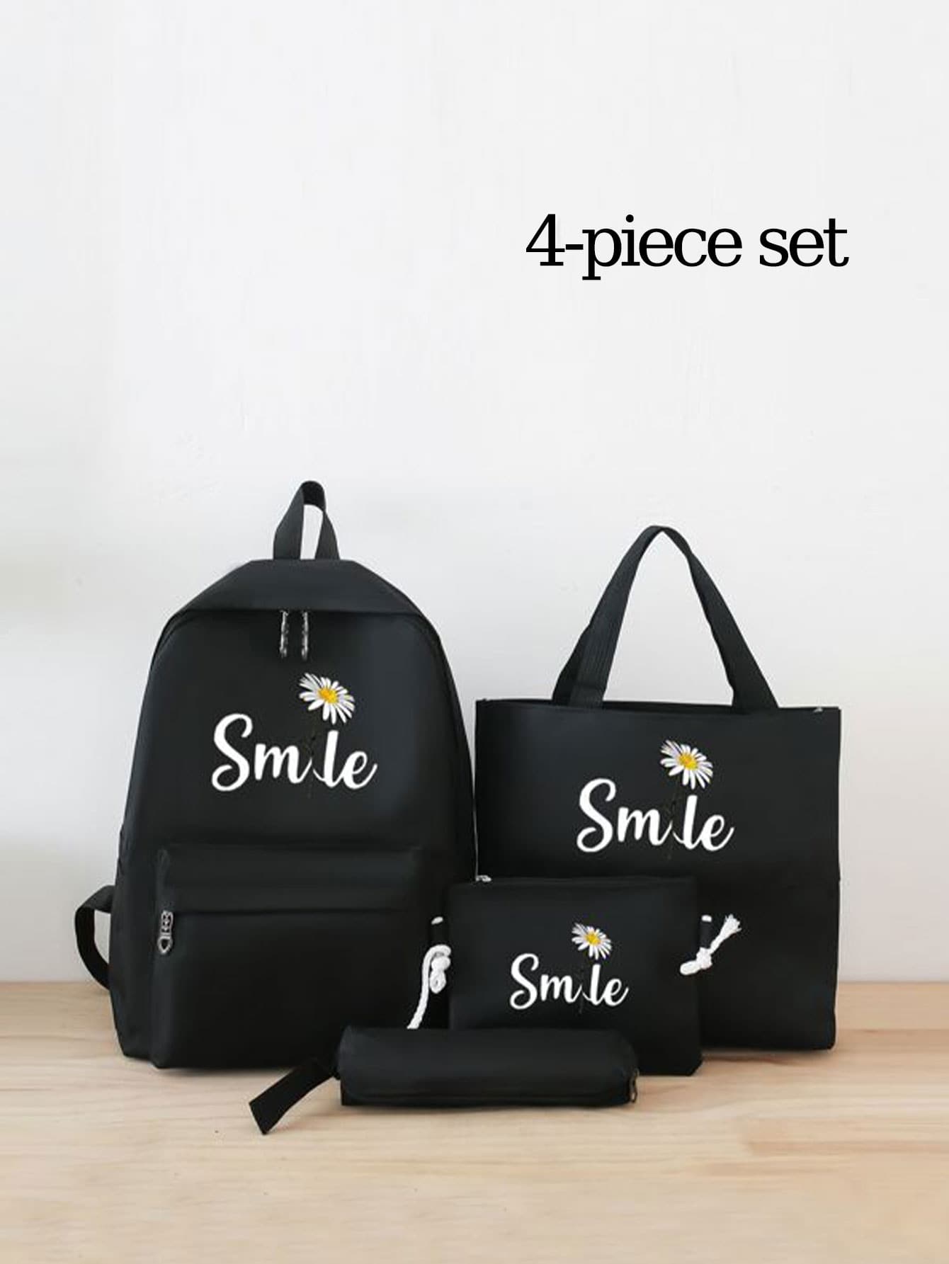 4pcs/set Classic Printed Female Casual Travel Backpacks With Large Capacity For Kids Schooling, Girls' Students' Bookbags, Preppy Style School Large Backpacks