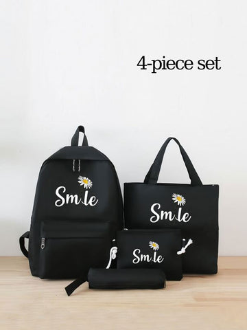4pcs/set Classic Printed Female Casual Travel Backpacks With Large Capacity For Kids Schooling, Girls' Students' Bookbags, Preppy Style School Large Backpacks