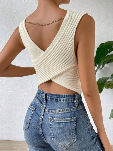 Chain Detail Crossover Back Crop Tank Knit Top