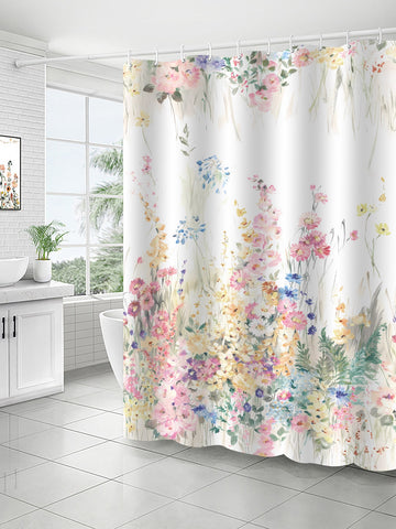 1pc Yellow & Pink Floral Print Shower Curtain, Modern Style Polyester Waterproof Bathroom Divider Drape Anti-mold Bath Window Curtain