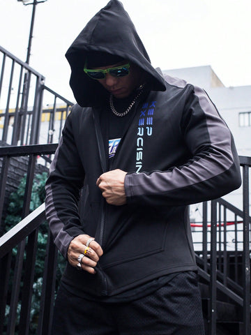 Men Letter Graphic Zip Up Hooded Sports Jacket