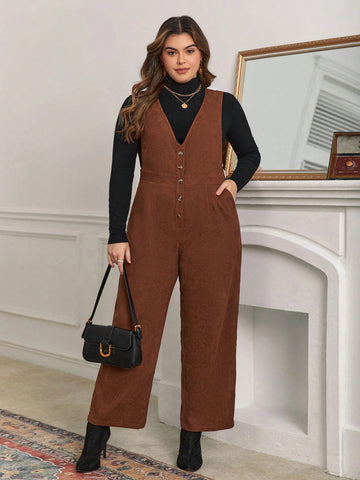 Plus Button Front Overall Jumpsuit Without Tee