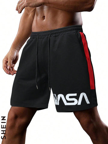 Loose Fit Men's Shorts With Letter Printed Design And Contrast Side Seams, With Drawstring Closure