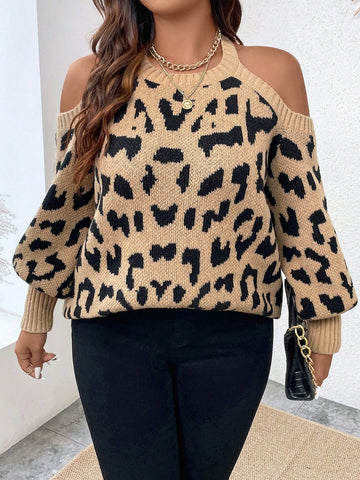 Plus Leopard Pattern Cold Shoulder Sweater