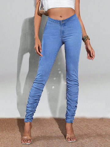Solid Ruched Skinny Jeans