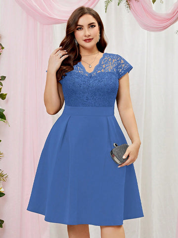 Plus Solid Lace Panel Swing Dress