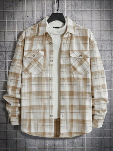 Men's Plaid Print Loose Fit Overcoat With Flap Pockets, Without T-Shirt