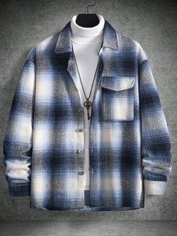 Men Plaid Print Flap Pocket Overcoat Without Sweater