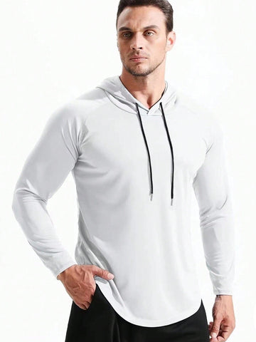 Men Raglan Sleeve Drawstring Hooded Sports Sweatshirt