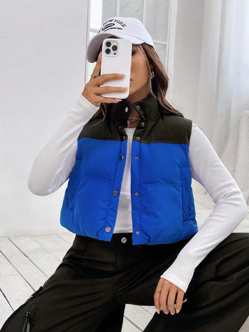Two Tone Snap Button Crop Vest Puffer Coat Without Tee
