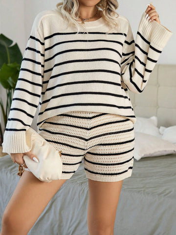 Plus Striped Pattern Sweater & Knit Shorts