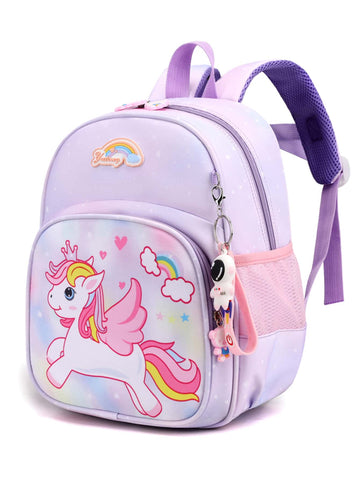 1pc Girls' Cartoon Unicorn Print Nylon Lightweight School Backpack With Burden Reduction