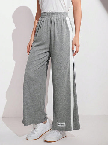 Letter Patched Detail Contrast Side Seam Wide Leg Pants