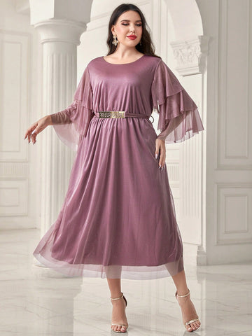 Plus Contrast Mesh Flare Sleeve Belted Dress