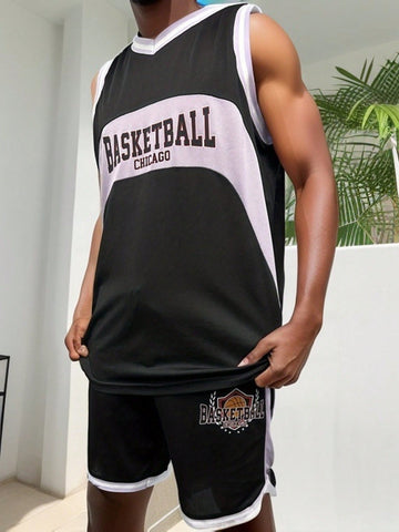 Men Letter Graphic Contrast Trim Sports Set, Athletic Suit, Tracksuit