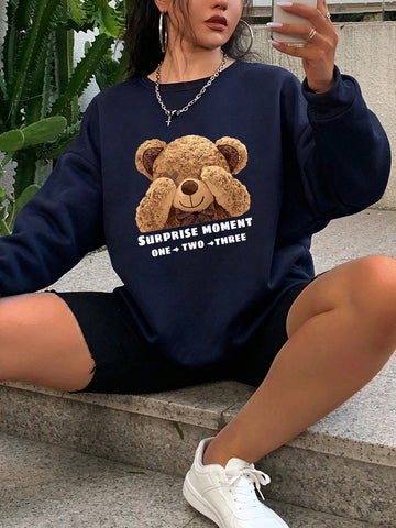 Plus Bear And Slogan Graphic Thermal Lined Sweatshirt