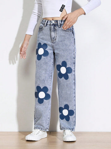 Tween Girl Floral Print Straight Leg Jeans