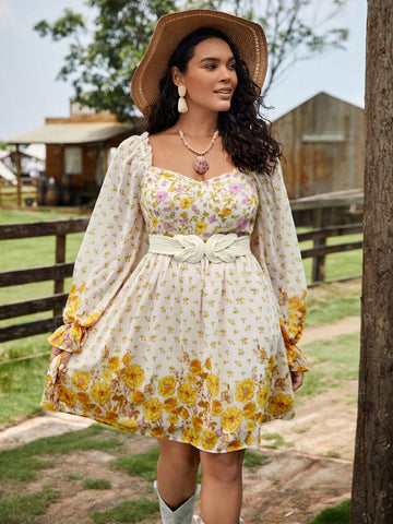 Plus Floral Print Flounce Sleeve Dress Country Dress