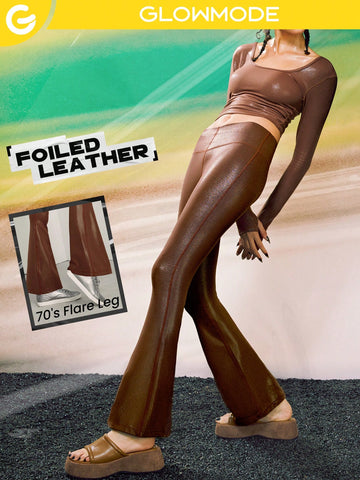 31" Foiled Leather Effect V-Shaped Waist Flared Brushed Sports Leggings