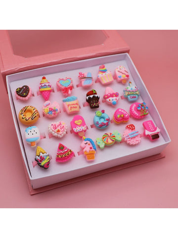 24pcs Resin Ice Cream Cake Shaped Rings For Little Girls, Adjustable, Pretend Play And Dress Up Jewelry, Birthday Gift, Toys For Girls Ages 4-12