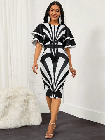 Graphic Print Butterfly Sleeve Bodycon Dress