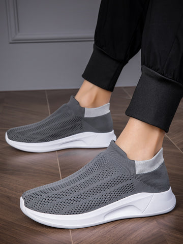 Men's Black Lightweight Breathable Sneakers Minimalist Style Round Toe Low Top Running Shoes Slip On Knitted Detail Fabric Front Cut Design Wedge Heel Outdoor Casual Shoes Fashion Versatile Couple Shoes Women